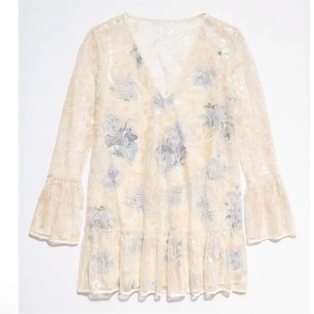 Free People Falling Flowers Frock Sequin Shift Bell Sleeve Boho Mini Dress M